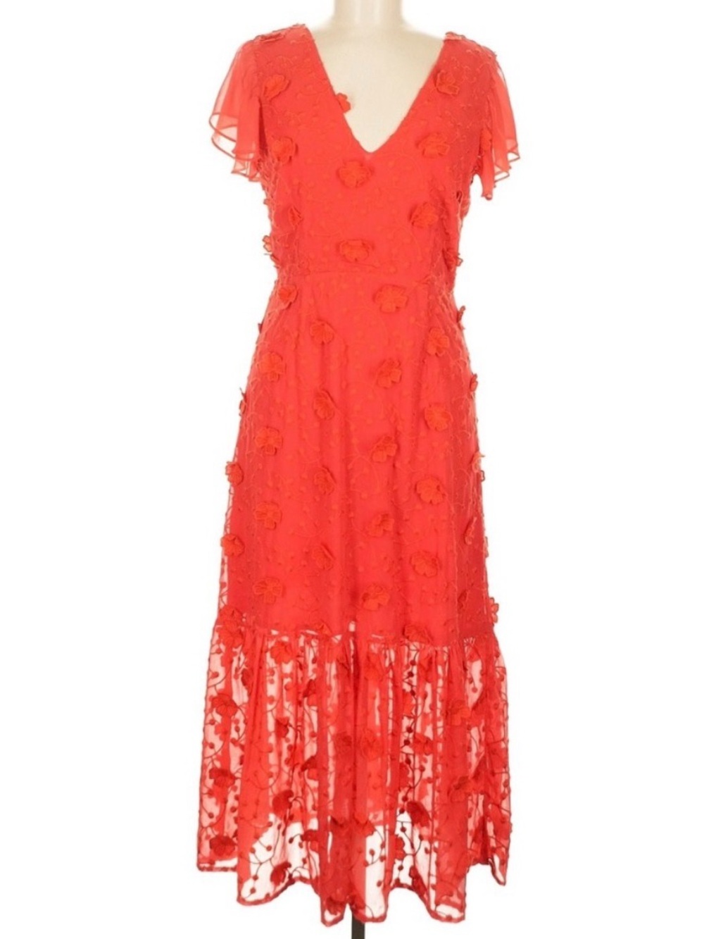 La Maison Talulah Scarlett Red Midi Floral Embroidery Flutter Dress in Medium M